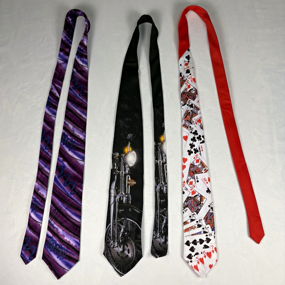 Vintage 3 Lot Novelty Ties Harley-Davidson Poker Jerry Garcia Ralph Marlin Men's